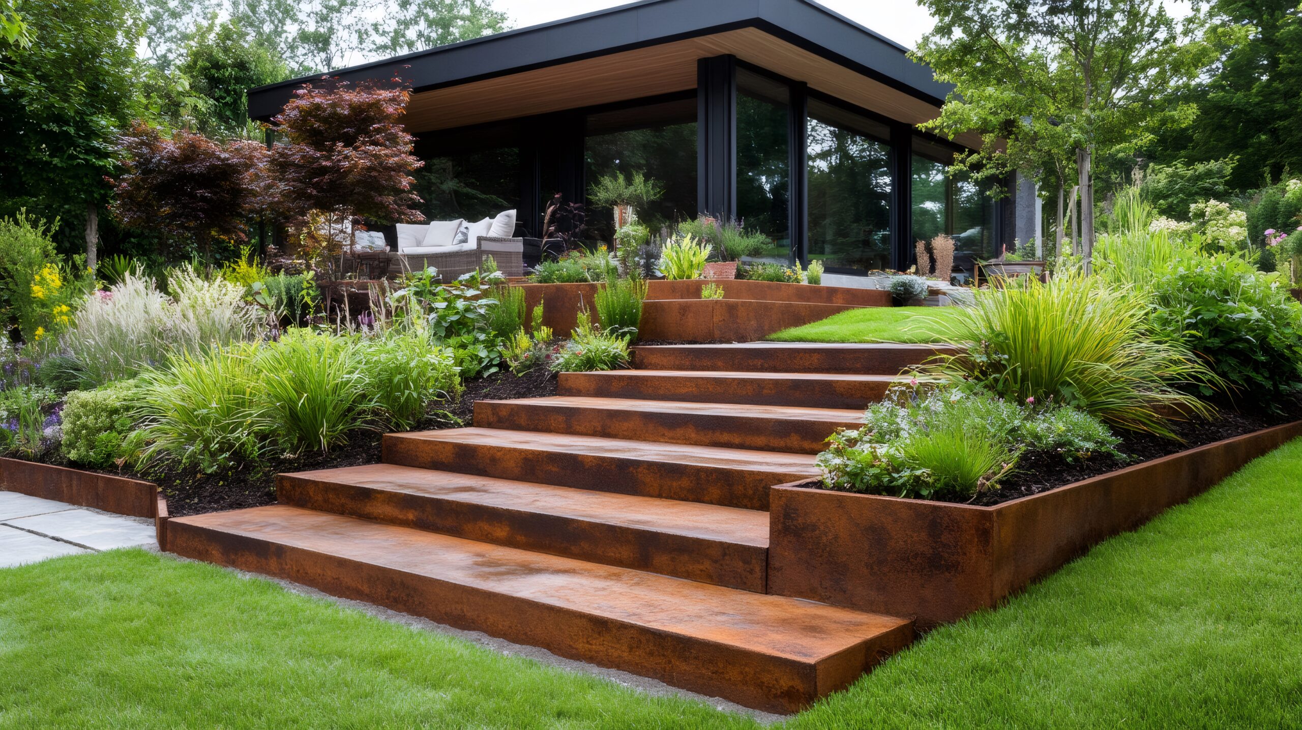Escalier et jardinières en acier Corten patiné — Braine-l'Alleud